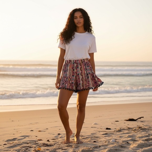 Umgee USA Pants - Umgee USA Women's Boho Aztec Print Pull On Shorts Blue/Pink Pom Pom Size M